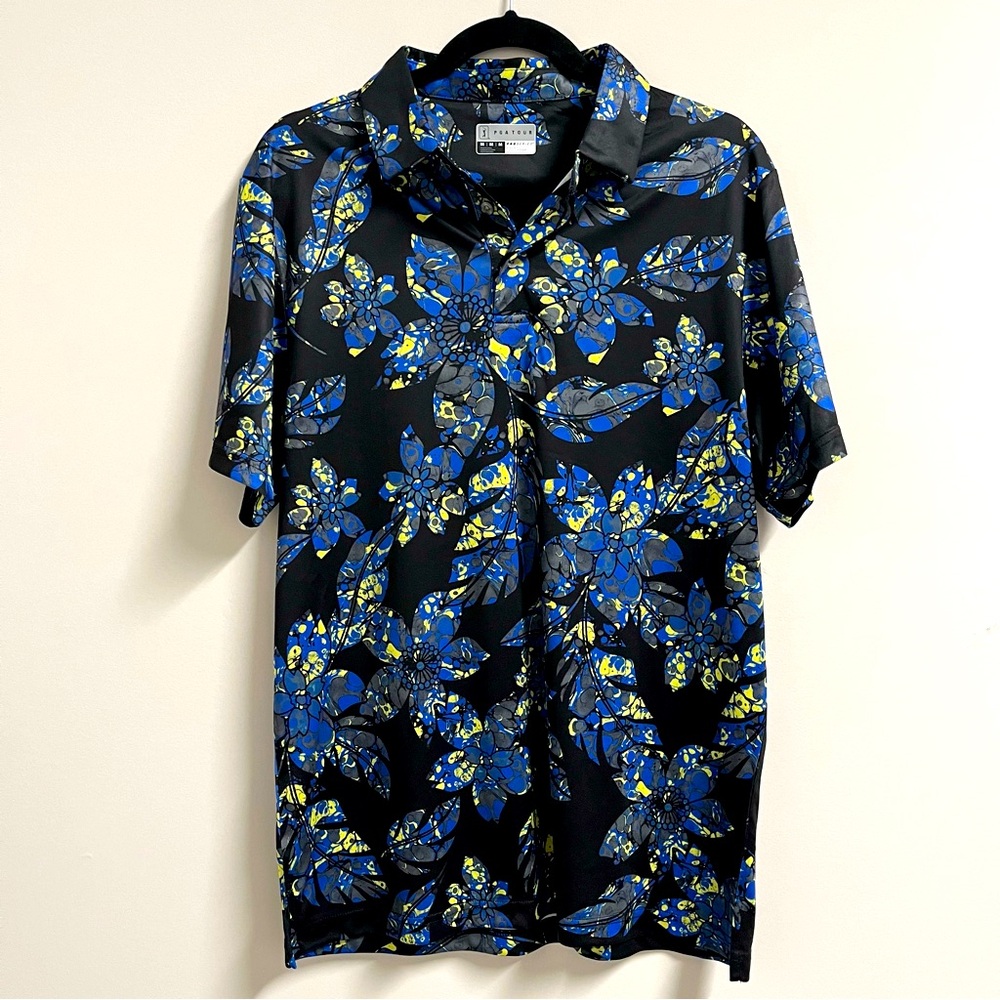 PGA Tour‎ Men's Botanical Short Sleeve Polo Blue Black Size Medium
